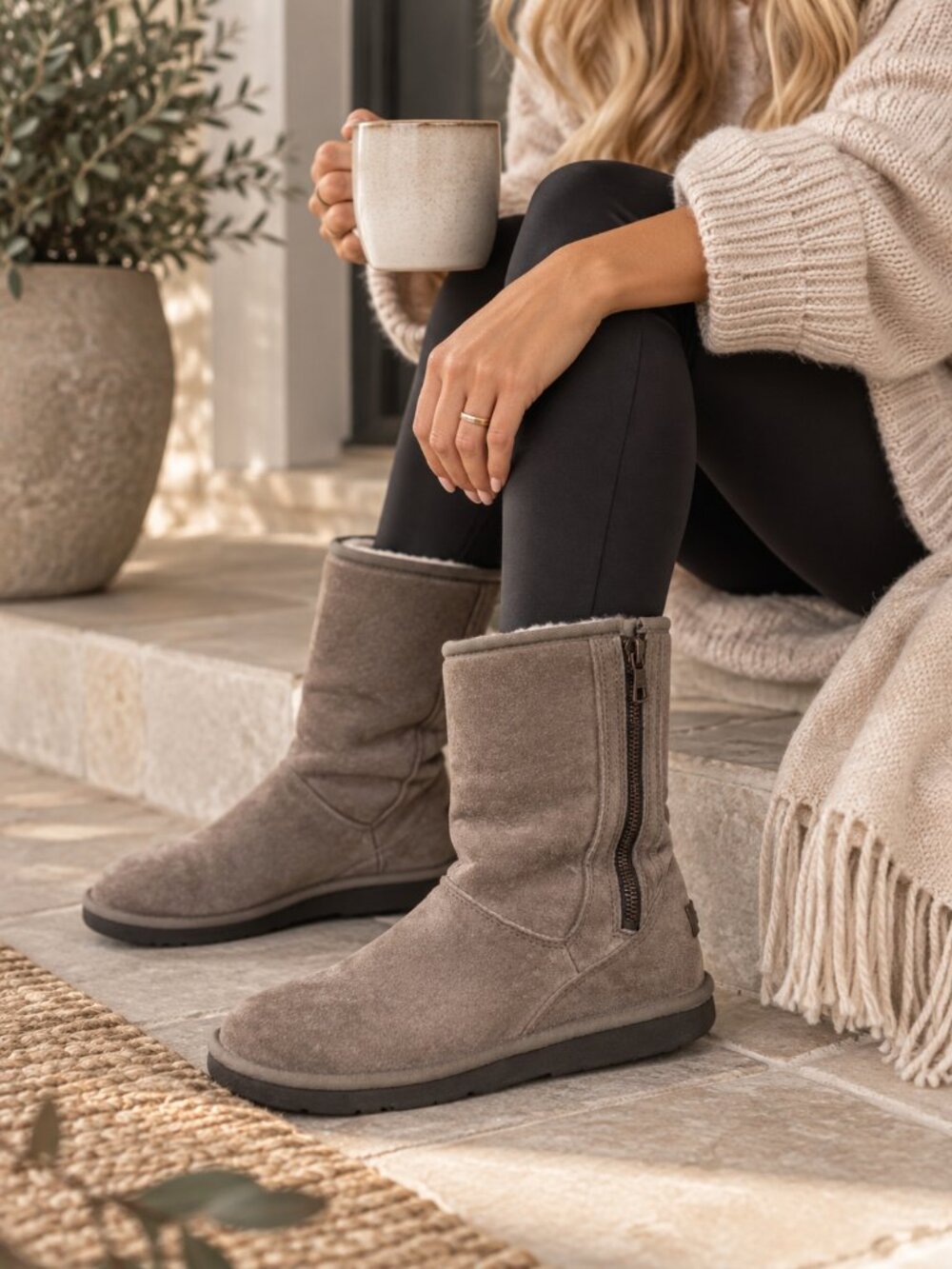 UGG Mayfaire Suede Side Zip Boots Mushroom Gray Women's Size Eight